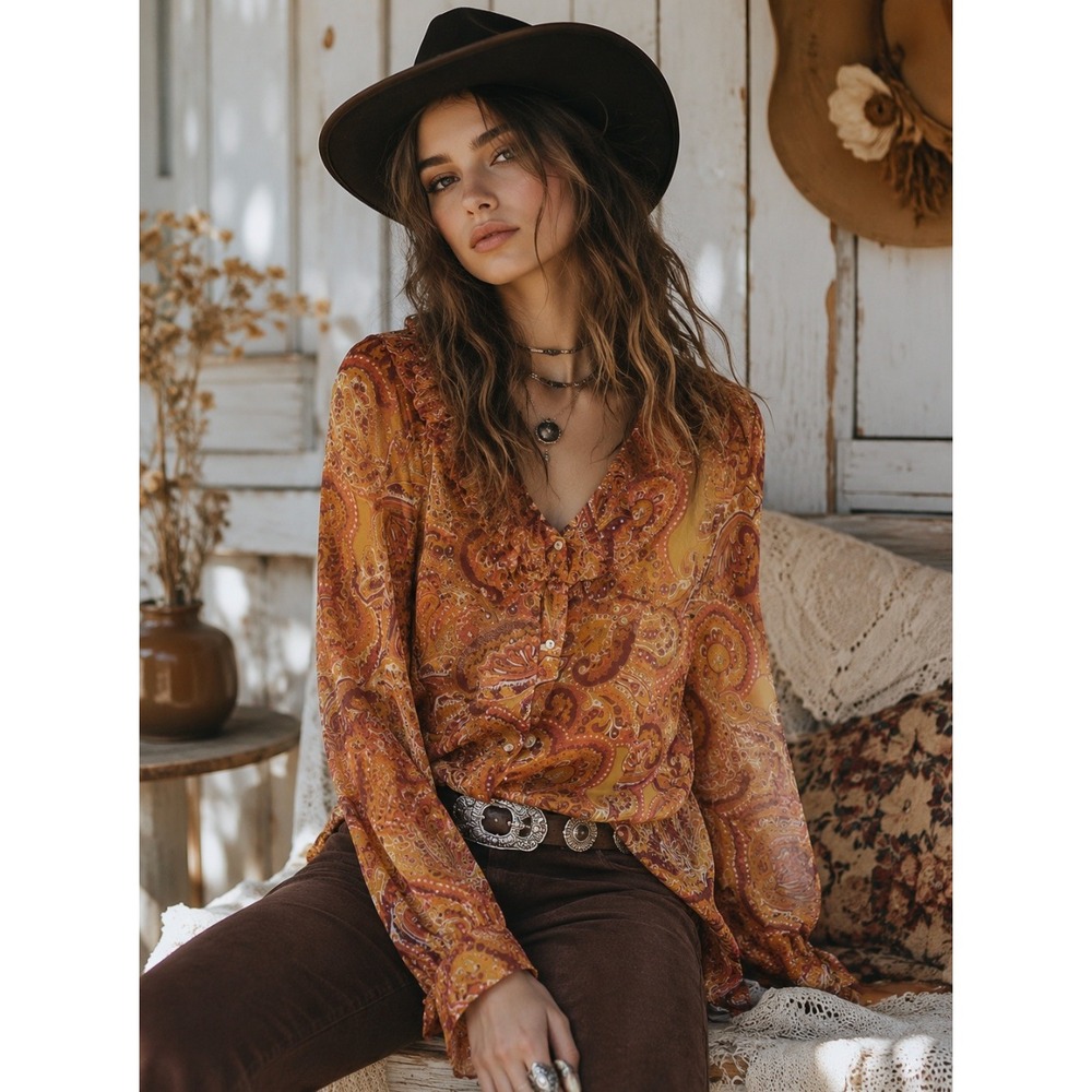 Vintage Y2K Silk Paisley Ruffle Blouse Western Boho Romantic Top Dainty Button L